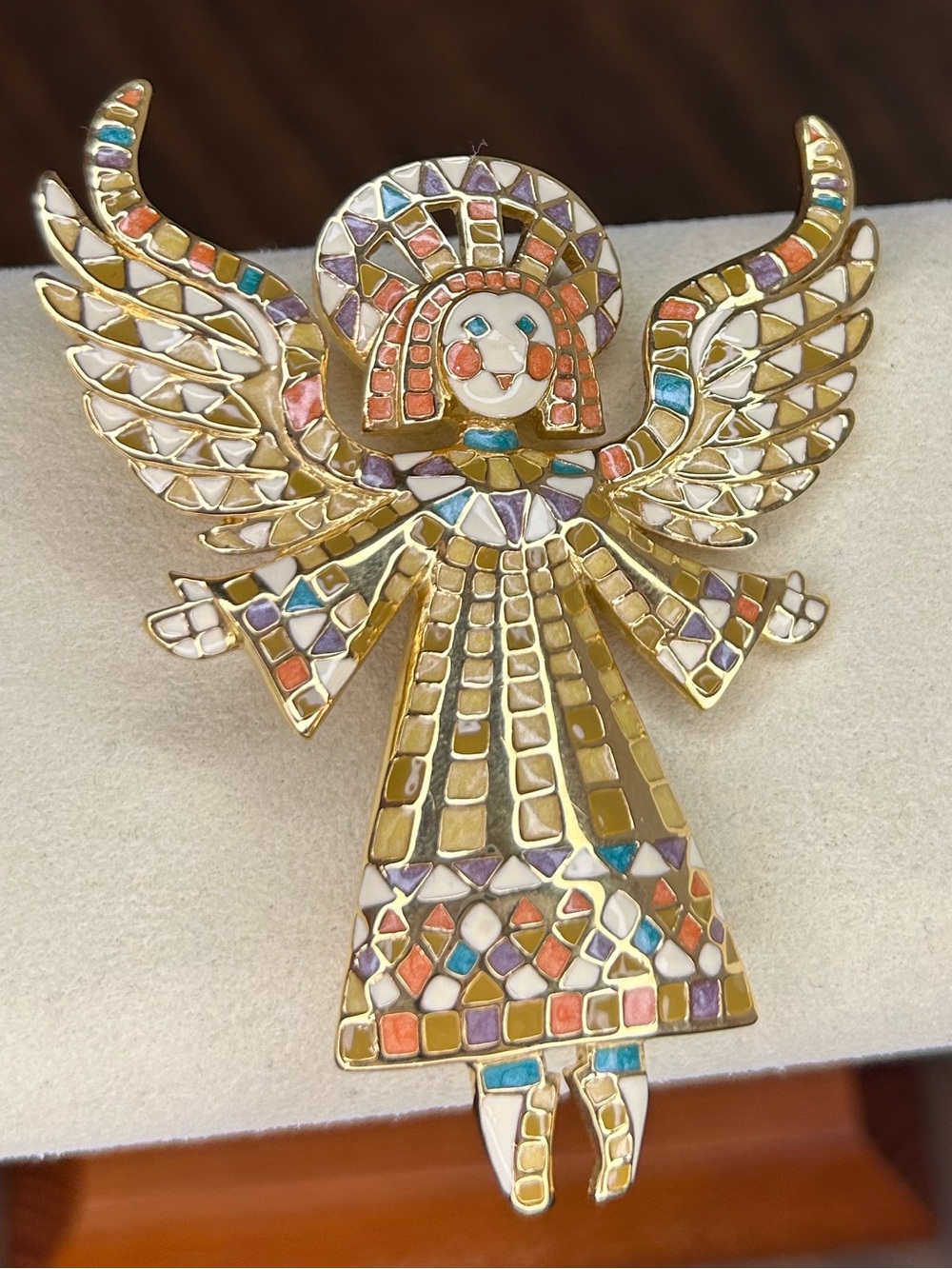 Bob Mackie Guardian Angel Mosaic Enamel Gold Tone Brooch